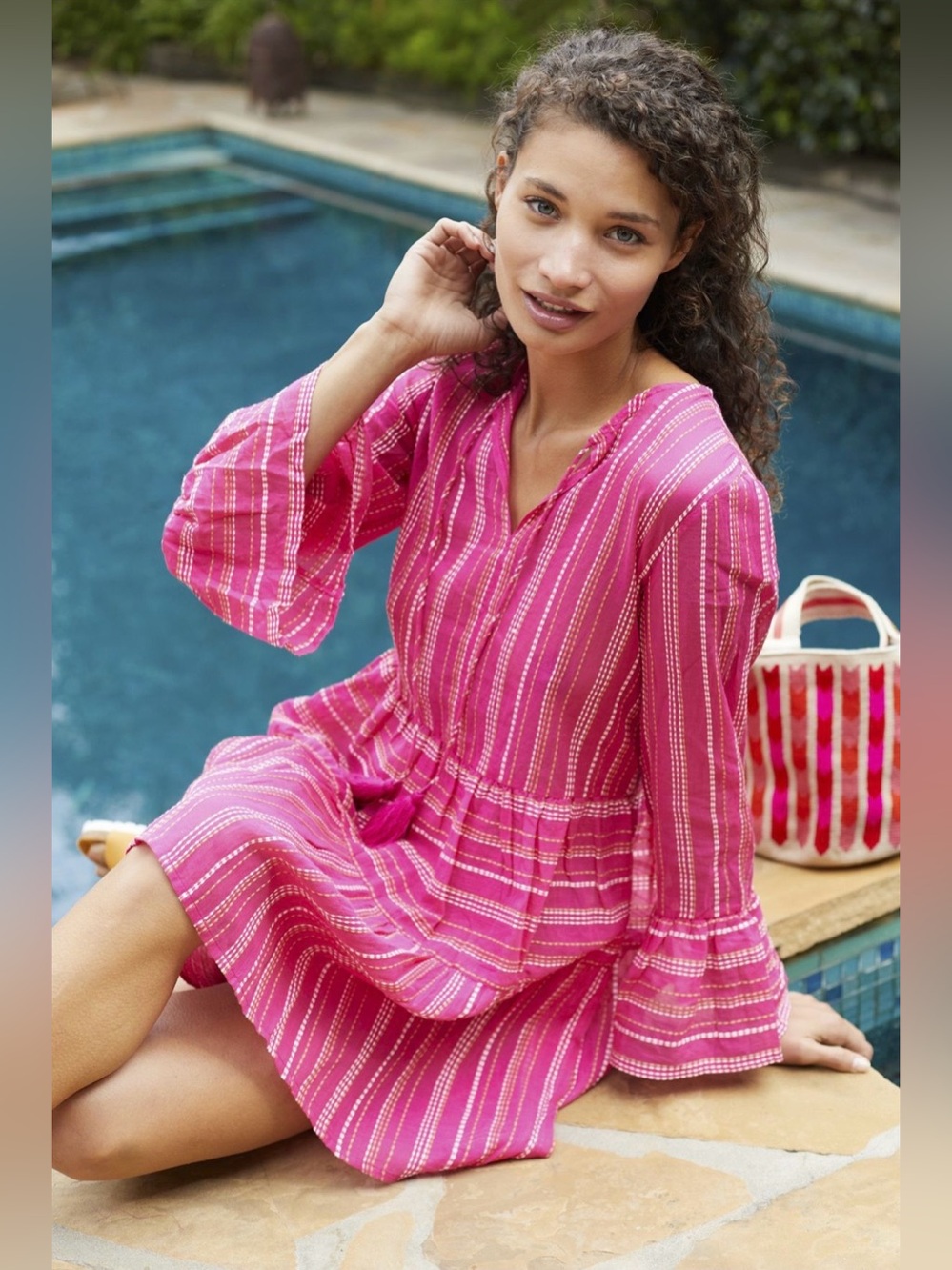 PQ Swim NWT Ruffled Cover Up Tunic Dress Pullover Bold Print Stripe Pink
